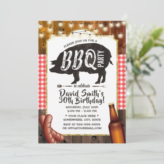BBQ Pig Roast Birthday Party Rustic Barn Wood Kaart (Staand voorkant)