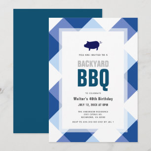BBQ Pig Roast Navy Gingham Adult Birthday Kaart