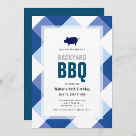 BBQ Pig Roast Navy Gingham Volwassen Verjaardag Kaart