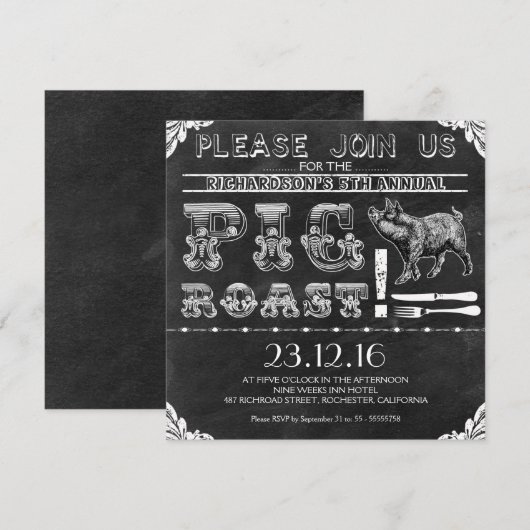 BBQ PIG ROAST zwart krijtbord uitnodigingen (Voorkant / Achterkant)