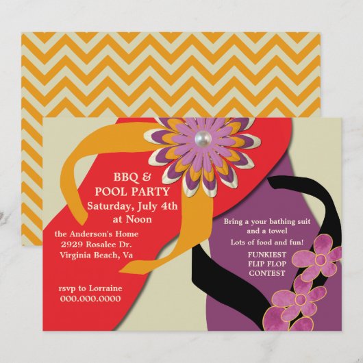 BBQ & Pool Party Flip Flop Invitation honey Kaart (Voorkant / Achterkant)