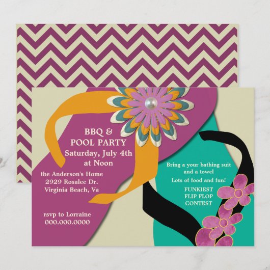BBQ & Pool Party Flip Flop Invitation wine Kaart (Voorkant / Achterkant)