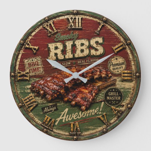 BBQ Ribs Smokehouse Barbecue Grill Master Gift Grote Klok (Voorkant)