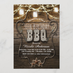 BBQ Rustic Wood Mason Jars Lights Birthday Party Kaart