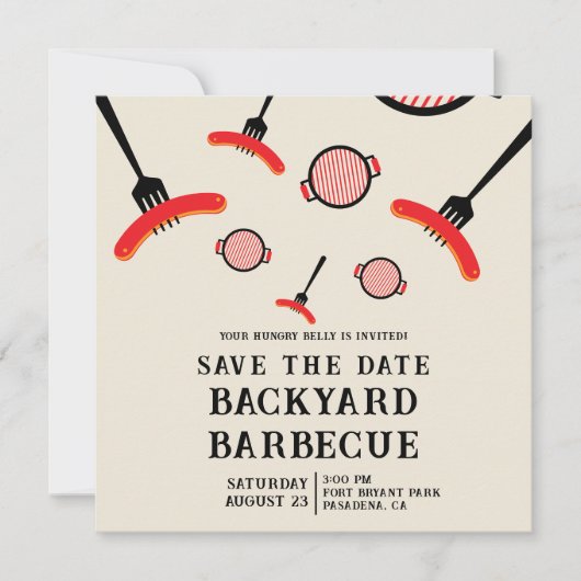 BBQ Save the Date kaart met Grill & Vork (Voorkant)