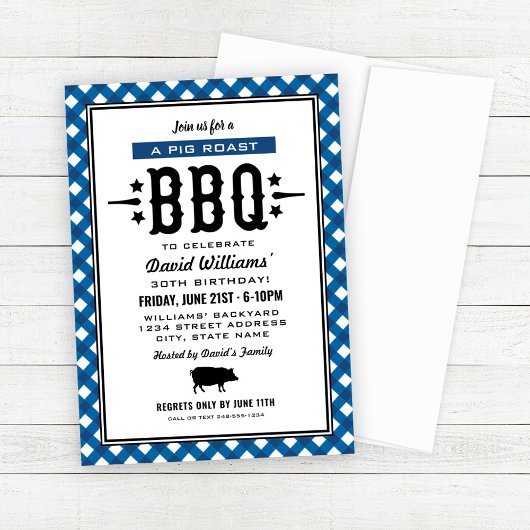 BBQ Varkensrooster Blauw Gingham Verjaardag Kaart
