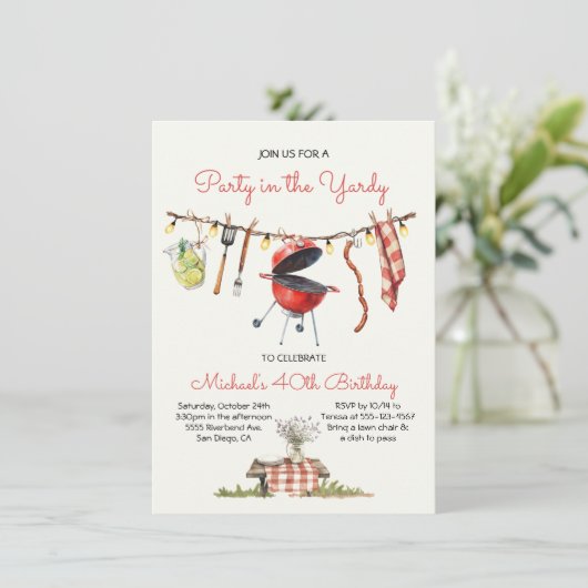 BBQ Verjaardag Gingham Achtertuin Picknick waslijn Kaart (Staand voorkant)