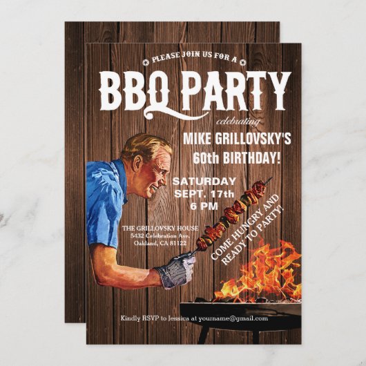BBQ Verjaardagsfeest Uitnodigingen | Hout (Voorkant / Achterkant)