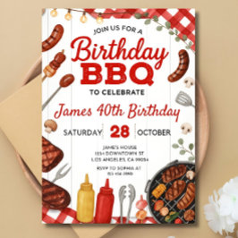 BBQ-verjaardagsuitnodiging: Rode Gingham Grillfees Kaart