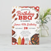 BBQ-verjaardagsuitnodiging: Rode Gingham Grillfees Kaart (Staand voorkant)