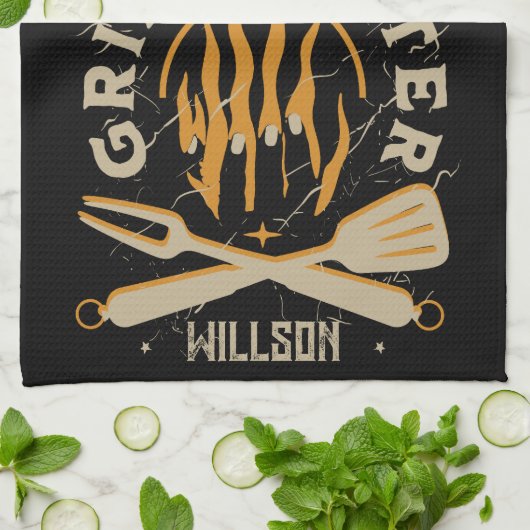 BBQ Vlam Vintage Grill Typografie Theedoek (Gevouwen)