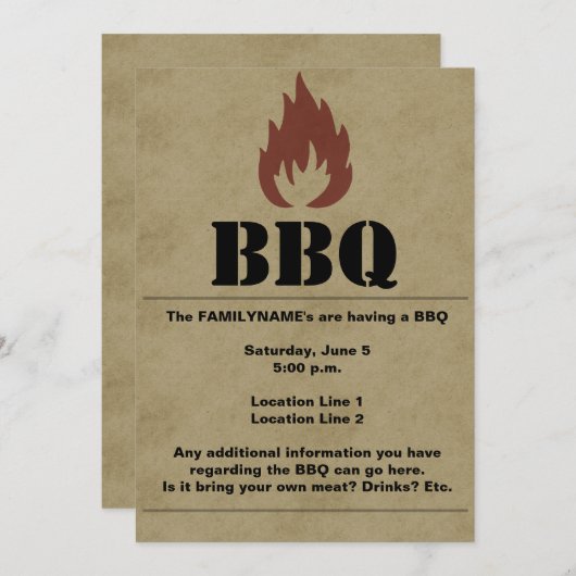 BBQ Vlamuitnodiging Kaart (Voorkant / Achterkant)