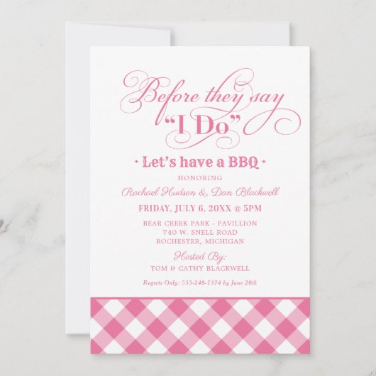 BBQ Voor ik het roze gingham repesal Dinner Kaart (Voorkant)