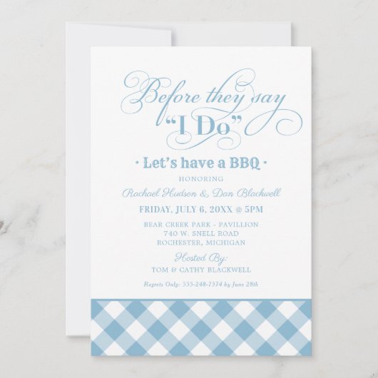 BBQ Voor ik Sky Blue Gingham repesal Dinner Kaart (Voorkant)