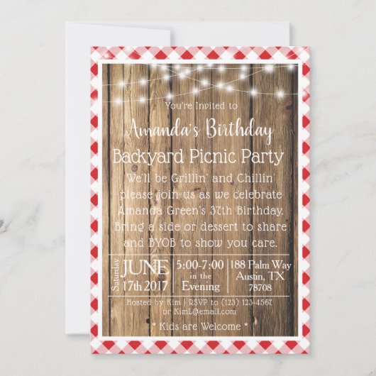 BBQ Wood Rustic Red Gingham Picnic Birthday Party Kaart (Voorkant)