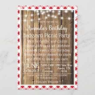 BBQ Wood Rustic Red Gingham Picnic Birthday Party Kaart