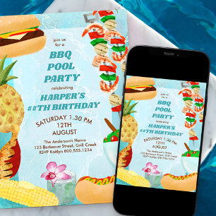 BBQ Zwembad Feest Verjaardagsuitnodiging Kaart