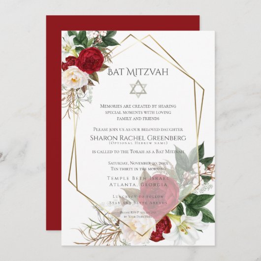 BBT MITZVAH | Bourgogne Peony Verse 3 Kaart (Voorkant / Achterkant)