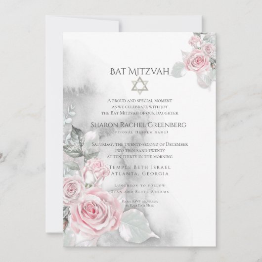 BBT MITZVAH | Elegant roze Waterverf Rozen Kaart (Voorkant)