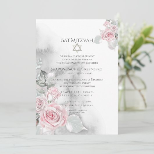 BBT MITZVAH | Elegant roze Waterverf Rozen Kaart (Staand voorkant)
