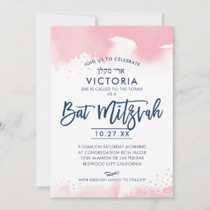 BBT MITZVAH INVITE waterverf met handschrift roze Kaart