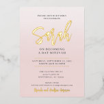 BBT MITZVAH modern calligrafie: wazig roze goud Folie Uitnodiging<br><div class="desc">door kat massard >> WWW.SIMPLYSWEETPAPERIE.COM <<<<< Een lieve Bar Mitzvah Uitnodiging voor uw dochter met een grote scriptnaam in de gouden folie! Ik hou van het ontwerp, maar ik zou graag een aantal veranderingen zien - een ander kleurenschema, product, een foto toevoegen of aangepast voor een andere gelegenheid - geen...</div>