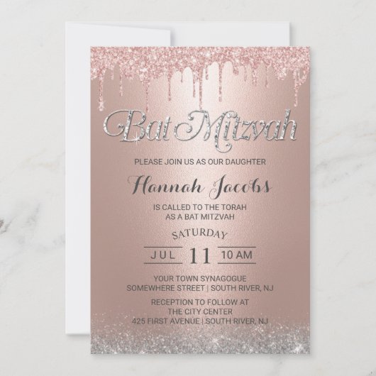 BBT Mitzvah Modern Roos Gold Glitter Drivers Kaart (Voorkant)
