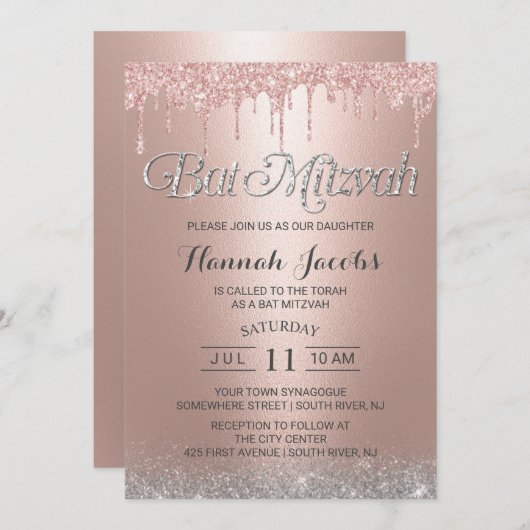 BBT Mitzvah Modern Roos Gold Glitter Drivers Kaart (Voorkant / Achterkant)