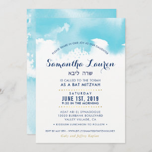 BBT MITZVAH moderne aqua blauwe waterverf Kaart