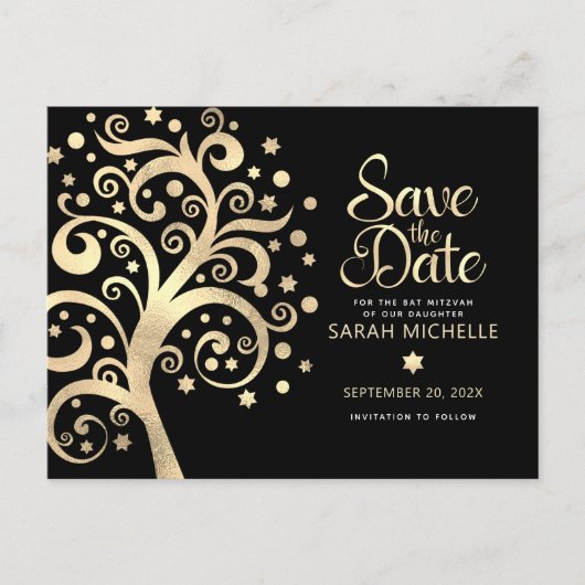 BBT Mitzvah Save Date Black Gold Foil Tree of Life Uitnodiging Briefkaart (Voorkant)