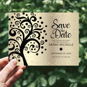 BBT Mitzvah Save Date Black Tree of Life Gold Foil Uitnodiging Briefkaart