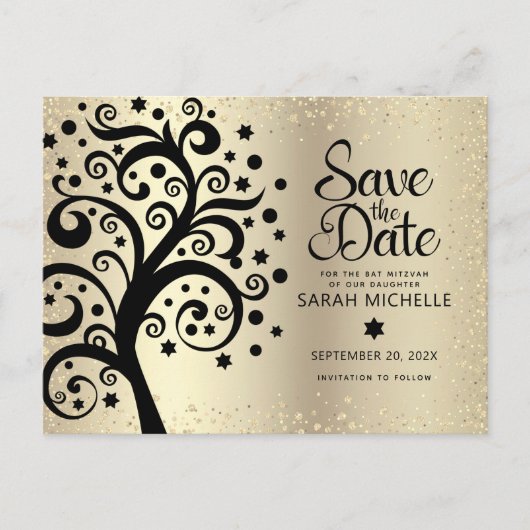 BBT Mitzvah Save Date Black Tree of Life Gold Foil Uitnodiging Briefkaart (Voorkant)