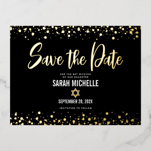 BBT Mitzvah Save Date Bold Script Black Real Gold Folie Uitnodiging Briefkaart (Voorkant)
