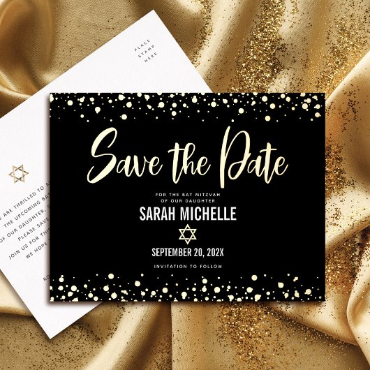 BBT Mitzvah Save Date Bold Script Black Real Gold Folie Uitnodiging Briefkaart