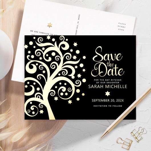 BBT Mitzvah Save Date Tree of Life Black Gold Folie Uitnodiging Briefkaart