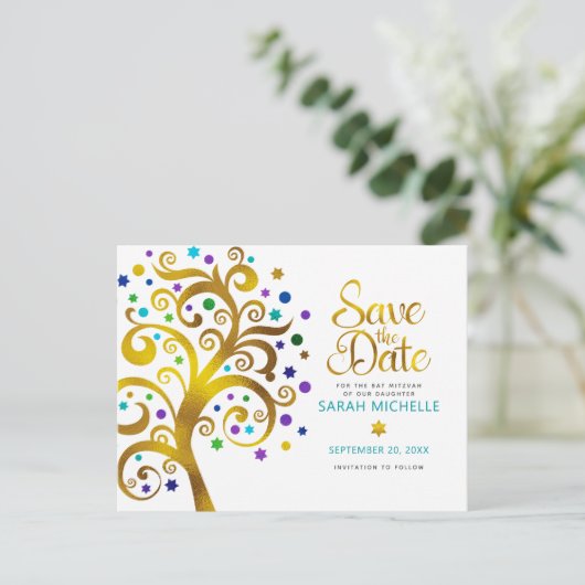 BBT Mitzvah Save the Date Gold & Blauwgroen Tree o Uitnodiging Briefkaart (Staand voorkant)