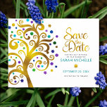 BBT Mitzvah Save the Date Gold & Blauwgroen Tree o Uitnodiging Briefkaart<br><div class="desc">Zorg ervoor dat al je vrienden en familieleden de mijlpaal van je dochter Bat Mitzvah kunnen vieren! Verstuur deze verbluffende, grafische faux gouden folie-boom met een dun turquoise, blauwgroen, paarse en blauwe ster van David en punt "bladeren" op een witte achtergrond, gepersonaliseerd "Save the Date" aankondiging briefkaart. Pas de douanetekst...</div>