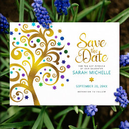 BBT Mitzvah Save the Date Gold & Blauwgroen Tree o Uitnodiging Briefkaart