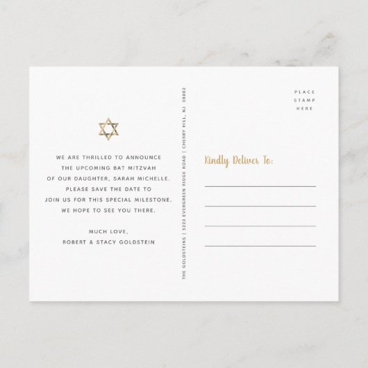 BBT Mitzvah Save the Date Modern Black Gold Script Uitnodiging Briefkaart (Achterkant)