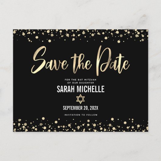 BBT Mitzvah Save the Date Modern Black Gold Script Uitnodiging Briefkaart (Voorkant)