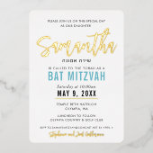 BBT MITZVAH turquoise blauw goudscript kalligrafie Folie Uitnodiging (Voorkant)