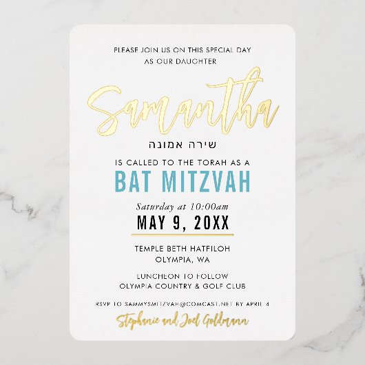 BBT MITZVAH turquoise blauw goudscript kalligrafie Folie Uitnodiging (Voorkant)