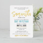 BBT MITZVAH turquoise blauw goudscript kalligrafie Folie Uitnodiging (Staand Voorkant)