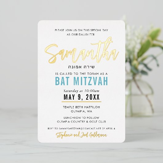 BBT MITZVAH turquoise blauw goudscript kalligrafie Folie Uitnodiging (Staand Voorkant)