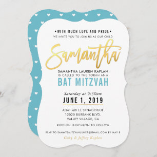 BBT MITZVAH turquoise blue gold script SAMANTHA Kaart