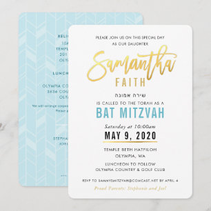 BBT MITZVAH turquoise blue gold script SAMANTHA Kaart