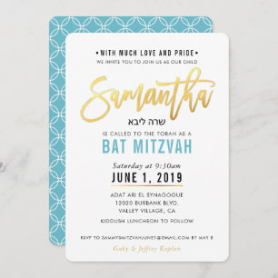 BBT MITZVAH turquoise blue gold script SAMANTHA Kaart