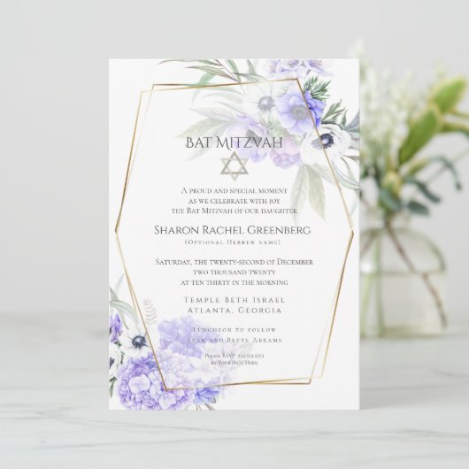 BBT MITZVAH | Violet Anemone Floral Verse 2 Kaart (Staand voorkant)