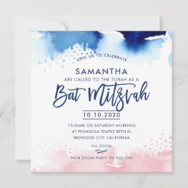 BBT MITZVAH waterverf met handschrift blauw en roz Kaart
