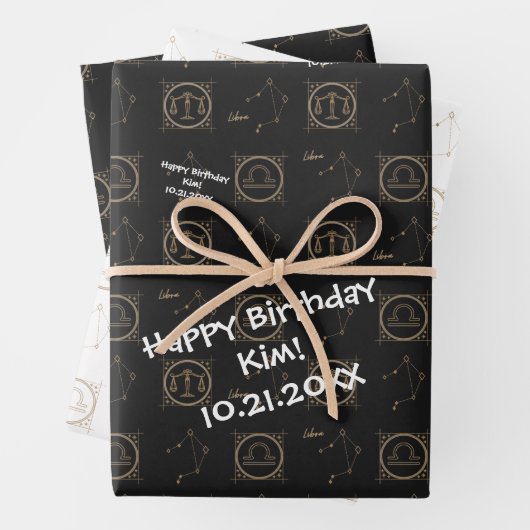 Bday Black & Gold Zodiaal Libra Astrology Star Sig Inpakpapier Vel (In situ)